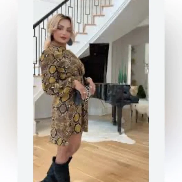 ZARA SNAKESKIN ANIMAL PRINT LONG SLEEVE BELTED BLACK BROWN YELLOW DRESS SZ XS - Picture 5 of 16